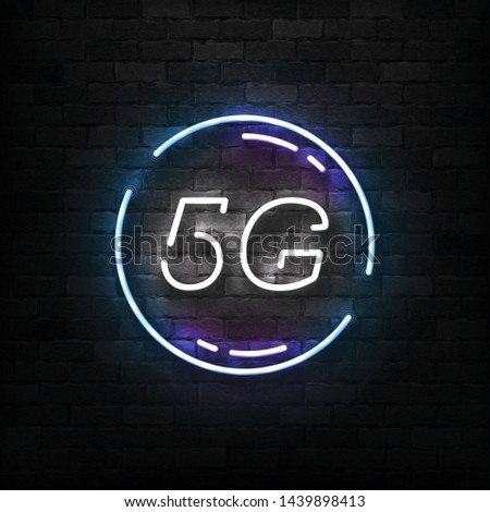 Vector realistic isolated neon sign of 5G logo for template decoration and wallpaper covering on the wall background. Concept of network technology.
