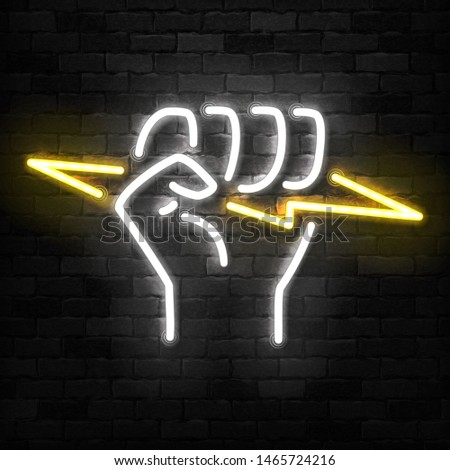 Vector realistic isolated neon sign of fist holding a lightning logo for template decoration and covering on the wall background.