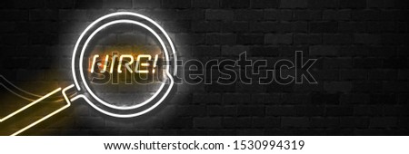 Vector realistic isolated neon sign of Hire flyer logo for template decoration and invitation covering on the wall background.