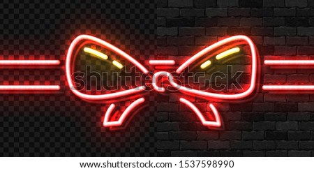 Vector realistic isolated neon sign of Red Ribbon logo for template decoration and invitation covering on the wall and transparent background. Concept of Christmas present, gift or reward.