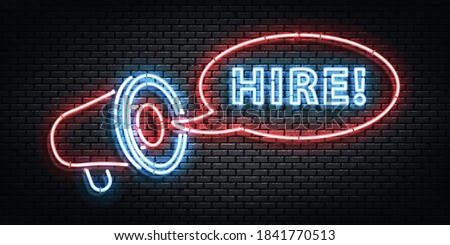 Vector realistic isolated neon sign of Hire flyer with a megaphone logo for template decoration and invitation covering.