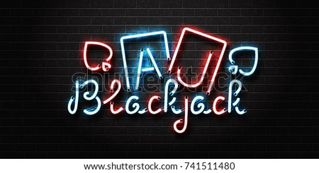 Vector realistic isolated neon sign for Blackjack lettering and playing cards for decoration and covering on the wall background. Concept of casino and gambling.
