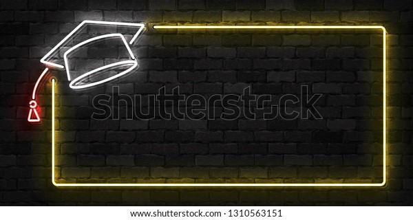 Vector realistic isolated neon sign of\
Graduation frame logo for template decoration and layout covering\
on the wall background.