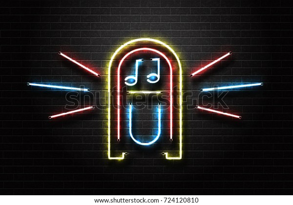 Vector realistic isolated neon sign of jukebox\
for decoration and covering on the wall background. Concept of\
music, dj and concert.