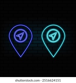 Vector realista de neón aislado signos de mapa de pines para la decoración y la cobertura en el fondo de la pared. Concepto de entrega, logística y transporte.