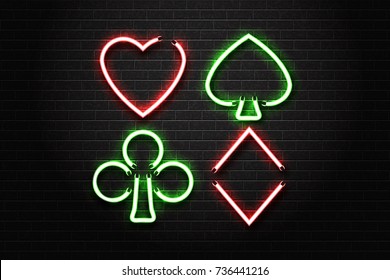 Vector realistic isolated neon signs of card suits for decoration and covering on the wall background. Concept of casino and gambling.