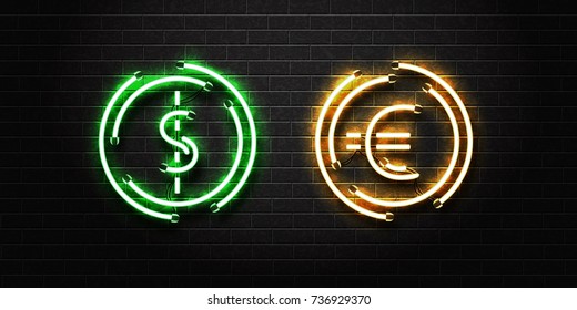 Vector Realistic Isolated Neon Signs Of Dollar And Euro Currency For Decoration And Covering On The Wall Background. Concept Of Business Market And Exchange Money.