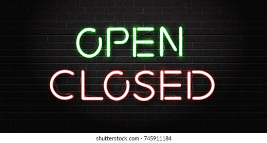 Vector realistic isolated neon signs of open and closed lettering for decoration and covering on a dark brick wall background.