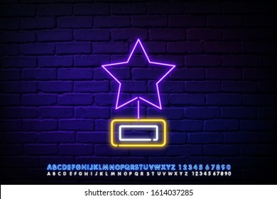 Vector Realistic Isolated Neon Trophy Cup Sign In The Form Of A Star For Decoration Template And Invitation Cover On The Wall Background. The Concept Of A Prize, The Award Ceremony And The Jackpot.