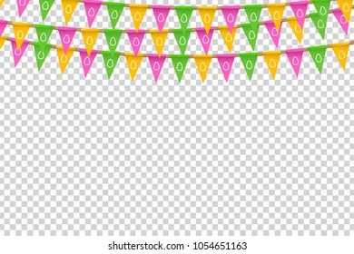 Vector realistic isolated party flags with easter egg ornament for decoration and covering on the transparent background. Concept of Happy Easter.