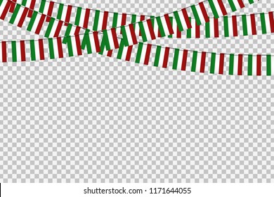 Vector realistic isolated party flags for Indepencence Day in Mexico for decoration and covering on the transparent background. Concept of Viva Mexico.