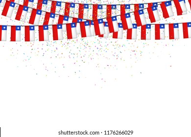 Vector realistic isolated party flags for Independence Day in Chile with confetti for decoration and covering on the white background. Concept of Felices Fiestas Patrias.