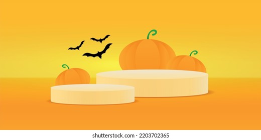 Vector realistic isolated podium with orange colors, pumpkins and bats for template and Halloween decoration.