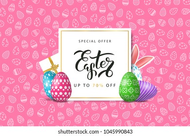 Vector realistic isolated poster for Easter sale with eggs and rabbit for decoration and covering on the pink background. Concept of Happy Easter.