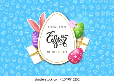 Vector realistic isolated poster for Easter sale with eggs, bunny ear and gifts for decoration and covering on the blue ornamental background. Concept of Happy Easter.