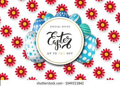 Vector realistic isolated poster for Easter sale with eggs for decoration and covering on the white background with flowers. Concept of Happy Easter.