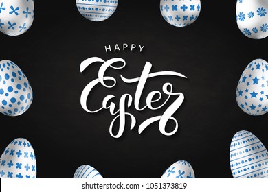 Vector realistic isolated poster for Easter sale with eggs for decoration and covering on the chalk background. Concept of Happy Easter.