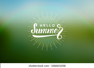 Vector realistic isolated poster with Hello Summer lettering logo for decoration and covering on the blurred background. Concept of Happy Summer holidays.