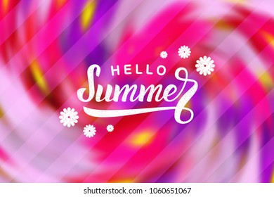 Vector realistic isolated poster with Hello Summer lettering logo for decoration and covering on the blurred flower background. Concept of Happy Summer holidays.