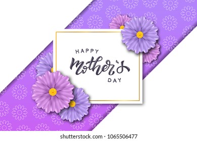 Vector realistic isolated poster for Mother's Day with flowers and lettering for decoration and covering on the purple background. Concept of Happy Mothers Day.