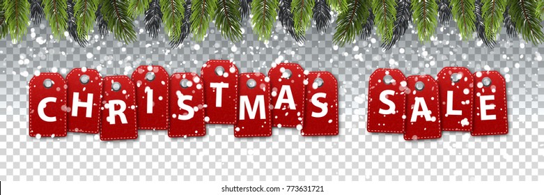 Vector realistic isolated price tags for Christmas Sale with snow and fir branches for decoration and covering on the transparent background. Concept of Merry Christmas and Happy New Year.