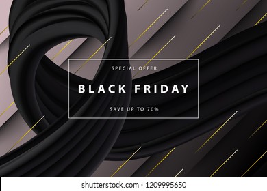 Vector realistic isolated promo poster for Black Friday sale with abstract paint brush ribbon for template and layout decoration on the papercut background. Concept of discount and special offer.