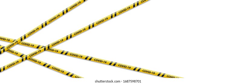 Vector realistic isolated quarantine caution tape with yellow and black stripes flyer for decoration on the white background. Concept of pandemic precaution.