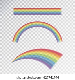 Vector realistic isolated rainbow effect in different shapes on the transparent background.