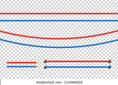 Vector realistic isolated red and blue electrical cable for decoration and covering on the transparent background. Concept of flexible network wires, electronics and connection.