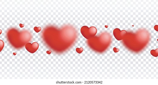Vector realistic isolated red hearts border on the transparent background. Concept of Valentine's Day.