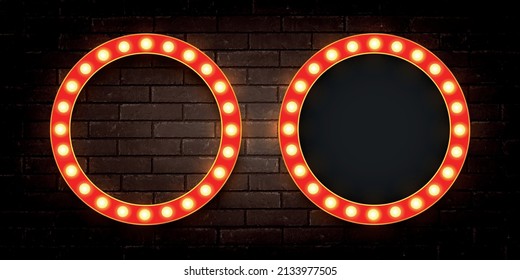 Vector realistic isolated red lightbox marquee circle frame with neon bulb lamps for template decoration on the wall background. Concept of cinema and theatre.