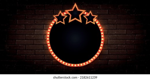 Vector realistic isolated red lightbox marquee frame with stars with neon bulb lamps for template decoration on the wall background. Concept of cinema and theatre.