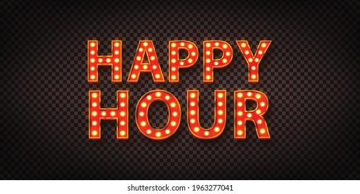 Vector realistic isolated red marquee text of Happy Hour logo for decoration on the transparent background.