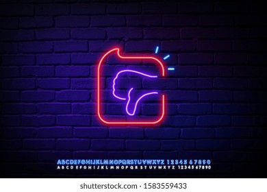 Vector realistic isolated red neon signs of thumbs down on the wall background. Concept of rating, network and social media.