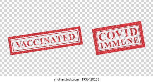 Vector realistic isolated red rubber stamp of Vaccinated and Covid Immune on the transparent background.