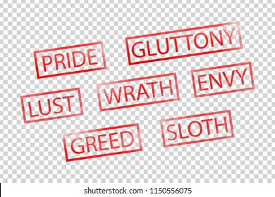 Vector realistic isolated red stamps of seven deadly sins for decoration and covering on the transparent background.
