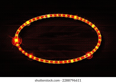 Vector realistic isolated rel lightbox marquee oval frame with neon bulb lamp for template decoration on the wall background. Concept of cinema, theatre and premiere.
