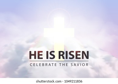 Vector realistic isolated religious poster with He Is Risen text for decoration and covering on the sky background with clouds and sunrise. Concept of Happy Easter and celebration of the resurrection.