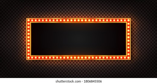 Vector realistic isolated retro billboard with electric light lamps for invitation on the transparent background. Concept of vintage decoration.