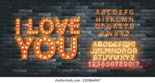 Vector realistic isolated retro billboard text of I Love You with marquee and easy to change color neon alphabet font on the transparent background. Concept of Happy Valentine's Day.