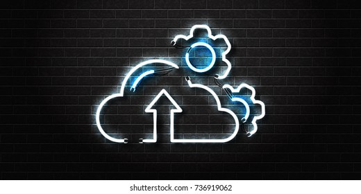 Vector realistic isolated retro blue neon sign of data storage cloud for decoration and covering on the wall background. Concept of computer, electronics and technology.