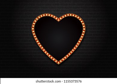 Vector Realistic Isolated Retro Heart Neon Marquee Billboard For Decoration And Covering On The Wall Background. Concept Of Cinema And Broadway.