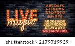 Vector realistic isolated retro marquee billboard with electric light lamps of Live Music logo with alphabet font on the wall background.