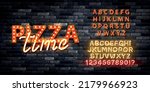 Vector realistic isolated retro marquee billboard with electric light lamps of Pizza Time logo with alphabet font on the wall background.