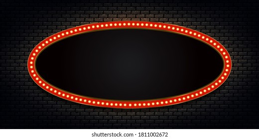 Vector realistic isolated retro marquee billboard with electric light lamps for invitation on the wall background. Concept of vintage decoration.