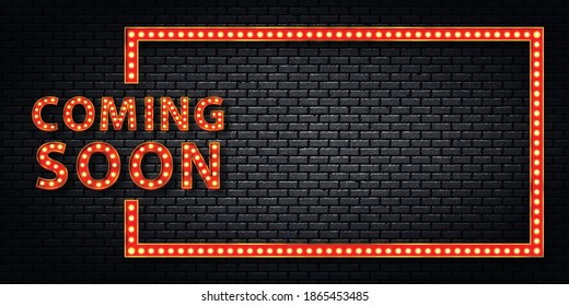 Vector realistic isolated retro marquee billboard with electric light lamps of Coming Soon logo for invitation on the wall background.