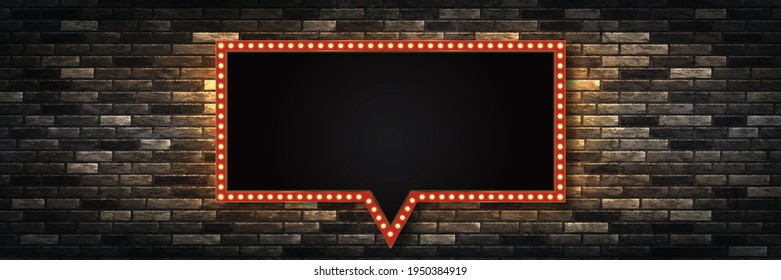 Vektor-realistische, isolierte Retro-Marquee-Plakatwand mit elektrischen Lampen für Einladung auf den Wandhintergrund. Konzept der Vintage Dekoration.