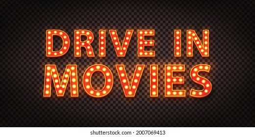Vector Realistic Isolated Retro Marquee Billboard With Electric Light Lamps Of Drive In Movies Logo For Invitation On The Transparent Background.