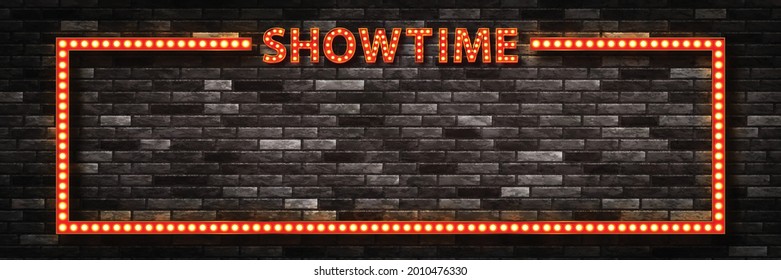 Vector Realistic Isolated Retro Marquee Billboard With Electric Light Lamps Of Showtime Frame Logo For Invitation On The Wall Background.