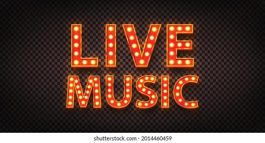 Vector realistic isolated retro marquee billboard with electric light lamps of Live Music logo for invitation on the transparent background.